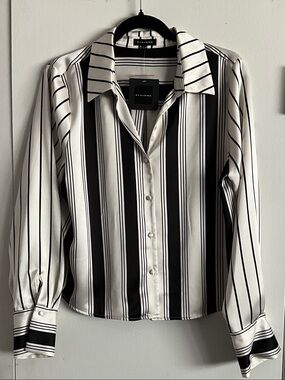 Pleione Black and White Vertical Stripe Button-Down Shirt